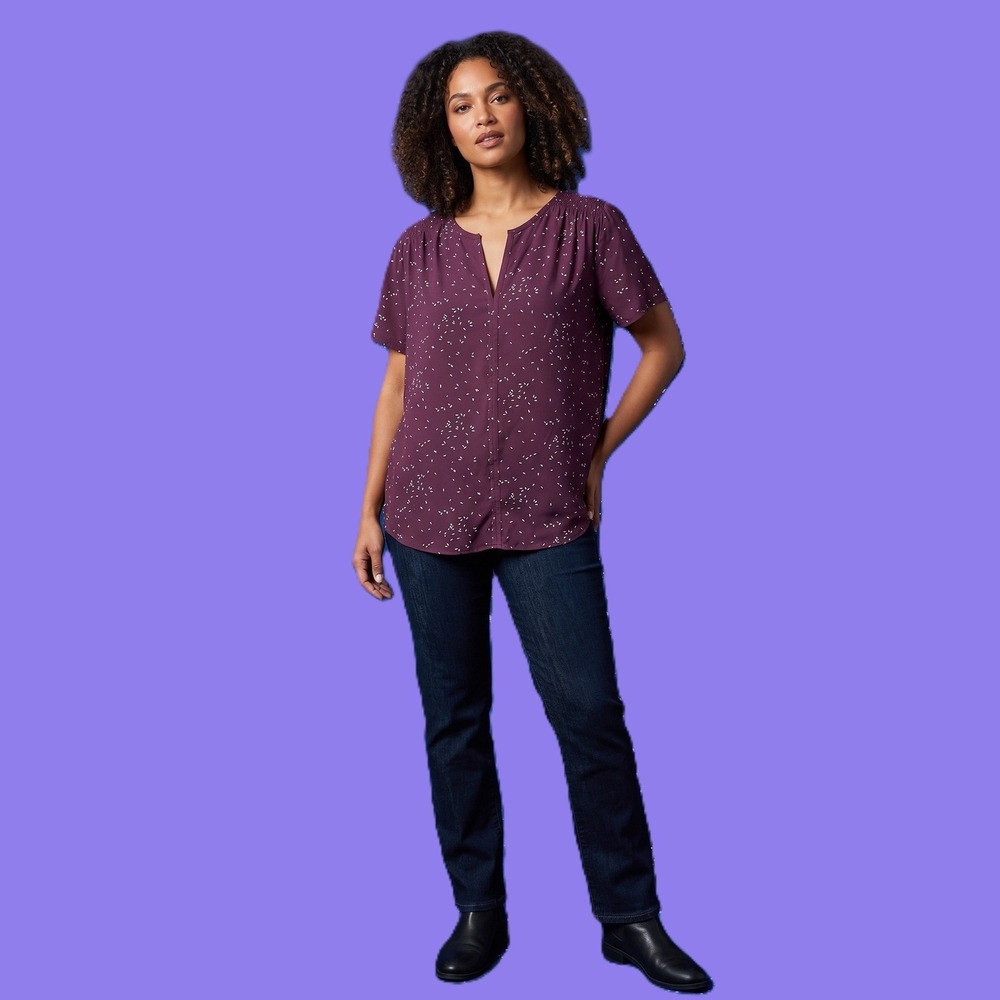 Fun2Fun Plum Purple Abstract Print Split V-Neck Short Sleeve Blouse 3X NWT